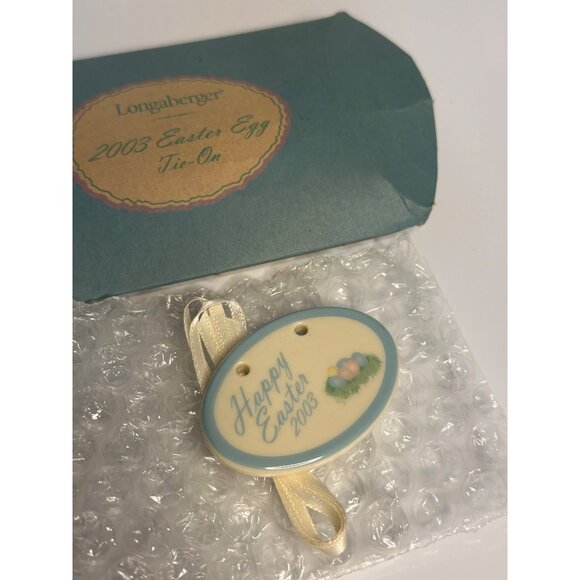 VTG Y2K Longaberger Easter Egg Basket Ceramic Tie-On Ornament Ceramic Ribbon USA - Picture 1 of 4